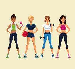 Obraz premium Set of fitness womens with sport wear vector illustration graphic design