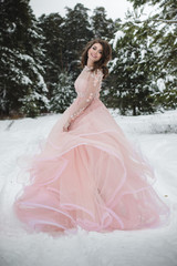 Fototapeta na wymiar Girl in a beautiful pink dress in a winter forest