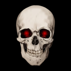 Human realistic skull with burning eyes. Black background. Anatomy vector illustration.
