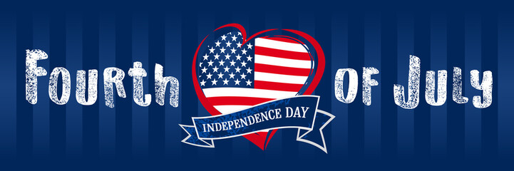 Happy Independence Day of the United States, July 4th. Happy Fourth of July flag in heart, navy blue greeting card. Lettering banner with grunge letters and flag USA in heart. Typography illustration
