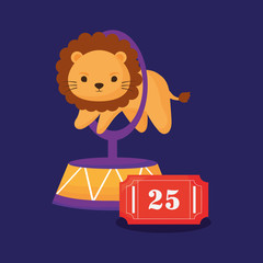 circus lion and ticket over purple background, colorful design. vector illustration