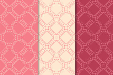 Set of geometric ornaments. Cherry red seamless patterns