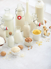 Fototapeta na wymiar Alternative types of milks. Vegan substitute dairy milk.
