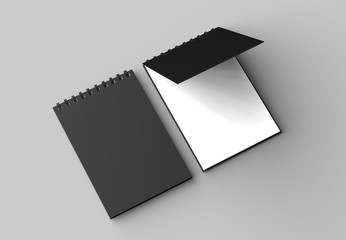 Spiral binder notebook with black cover mock up isolated on soft gray background. 3D illustration.