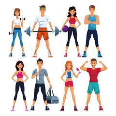 Gordijnen Set of fitness people with sport elements collection vector illustration graphic design © Jemastock