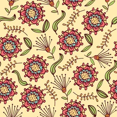 Stof per meter Doodle seamless pattern with flowers and leafs © Claudia Balasoiu
