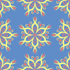 Fototapeta na wymiar Blue seamless pattern with floral design. Colored background with red yellow flower elements