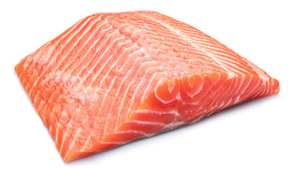 Fresh raw salmon fillet on white background.