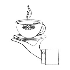 hand holding hot tea cup decoration flowers vector illustration sketch