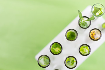 Green fresh and yellow draid plant in glass test tubes on pastel green background. Clos up macro top view.