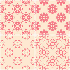 Floral patterns. Set of beige and red seamless backgrounds
