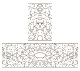 Set of contour stained glass illustrations with abstract symmetrical  flowers, dark contours on white background