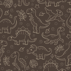 Seamless pattern with dinosaurs and leaves, contoured animals beige outline on a brown background