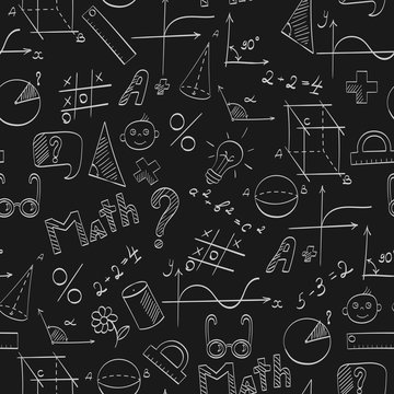 Seamless pattern on the theme of the school, of education and of the subject mathematics, the light hand-drawn graphics, formulas, and icons on dark background