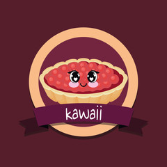 emblem with kawaii pie icon over brown background, colorful design. vector illustration