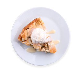 Plate with piece of tasty apple pie and ice-cream on white background