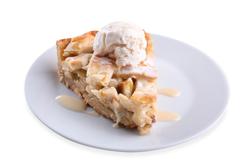 Plate with piece of tasty apple pie and ice-cream on white background