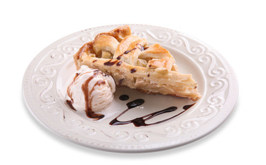 Plate with piece of tasty apple pie and ice-cream on white background