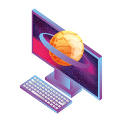 desktop computer with planet saturn isometric icon vector illustration design