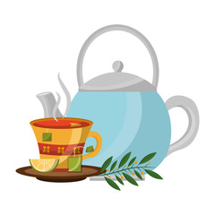 teapot with tea of lemon and leaves isolated icon vector illustration design
