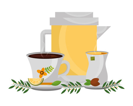 teapot with cups and leaves isolated icon vector illustration design