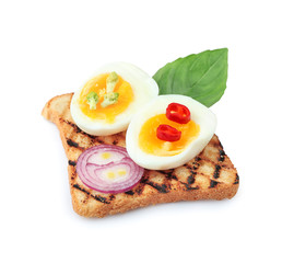 Delicious toast with egg on white background