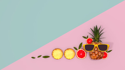 slices orange with pineapple wearing sunglasses concept on pink and green background for copy space minimal summer pastel colorful 3d illustration