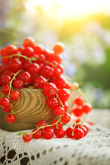 Ripe red currant on a wooden table in the garden.
