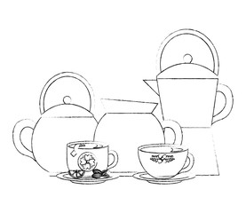 coffee maker kettle tea and cups lemon and seeds vector illustration sketch