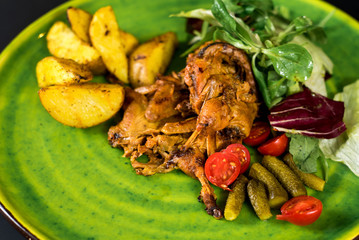 Grilled quail meat with vegetables on black background