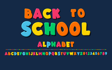 Latin alphabet - badge back to school. Trend font 2018 Color in cute cartoon flat style.