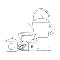 Obraz premium coffee maker tea cup with slice lemon herbal sugar vector illustration sketch