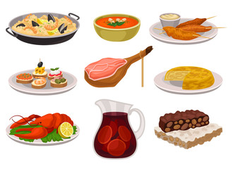 Flat vector set of traditional Spanish food and drink. Paella, refreshing gazpacho soup, grilled chicken with sauce, sangria in glass jar