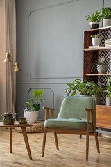 Green armchair next to wooden table in grey vintage living room interior with plants. Real photo
