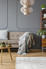 Blanket on sofa in modern living room interior with wooden table and grey wall with molding. Real photo