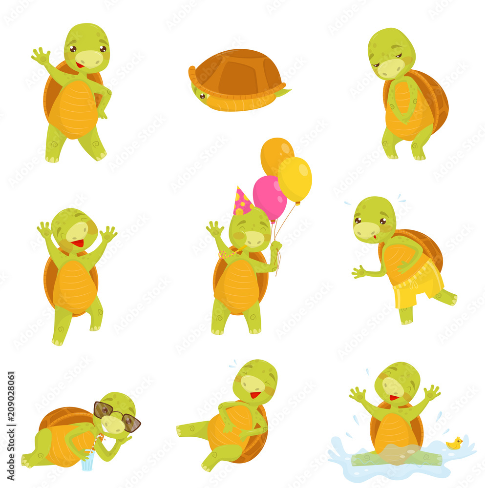 Poster set of cute green turtle in different actions funny reptile with brown shell. isolated flat vector i