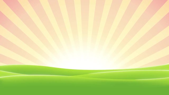 Spring Cartoon Landscape Animation/
Animation of a cartoon morning landscape in spring or summer season with fields, shiny sky at sunrise, and sunbeams rotating