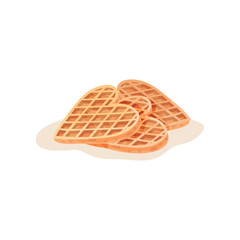 Three homemade heart-shaped waffles. Freshly baked snack for breakfast. Flat vector element for cafe menu or pastry shop poster