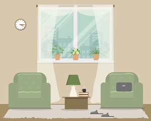 Living room in a beige color. There are two green armchairs, a table, a lamp, slippers and other objects on a window background in the picture. Vector flat illustration