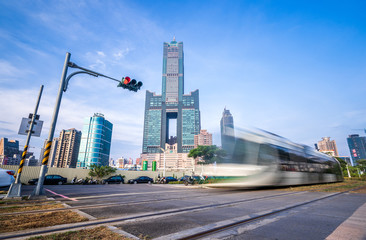 Kaohsiung City, Taiwan - June 8, 2018:light rail and 85 sky tower