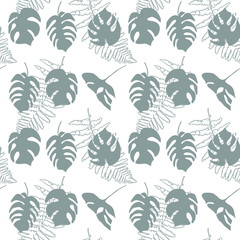 Vector botanical seamless pattern with  hand drawn palm monstera and fern leaves.