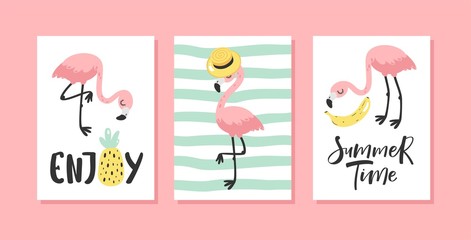 Vector set of bright summer cards with flamingo and hand written text.