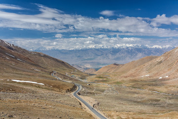 View from the Khardung la Pass on the way between Leh and Nubra valley in Ladakh, India
