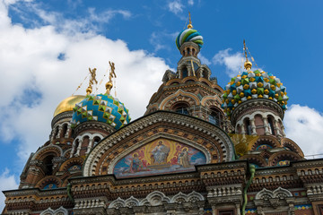 Fototapeta na wymiar St Petersburg, Russia - Cathedral of Our Savior on Spilled Blood - closeup of domes and architecture details