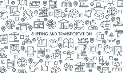 Shipping and transportation banner. Modern icons on theme delivery, packaging, logistics and navigation. Thin line design icons collection. Vector illustration
