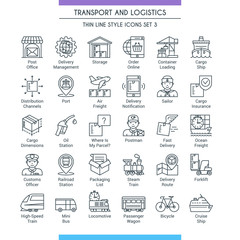 Transport and logistic icons set. Modern icons on theme delivery, packaging, navigation and transportation. Thin line design icons collection. Vector illustration