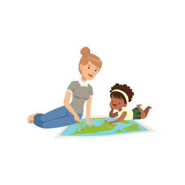 Little girl lying on the floor and looking at geography map, teacher telling him about continents, geography class in primary school, preschool education vector Illustration