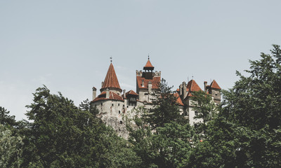 Obraz premium Scenic towers of the castle Bran. The legendary residence of Drakula in the Carpathian Mountains, Romania