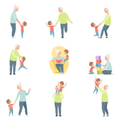 Fototapeta na wymiar Grandpa and grandma playing, walking and having fun with their grandson set vector Illustrations on a white background