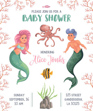 Baby shower invitation with mermaid, merman, marine plants and animals. Cartoon sea flora and fauna in watercolor style. Vector illustration 